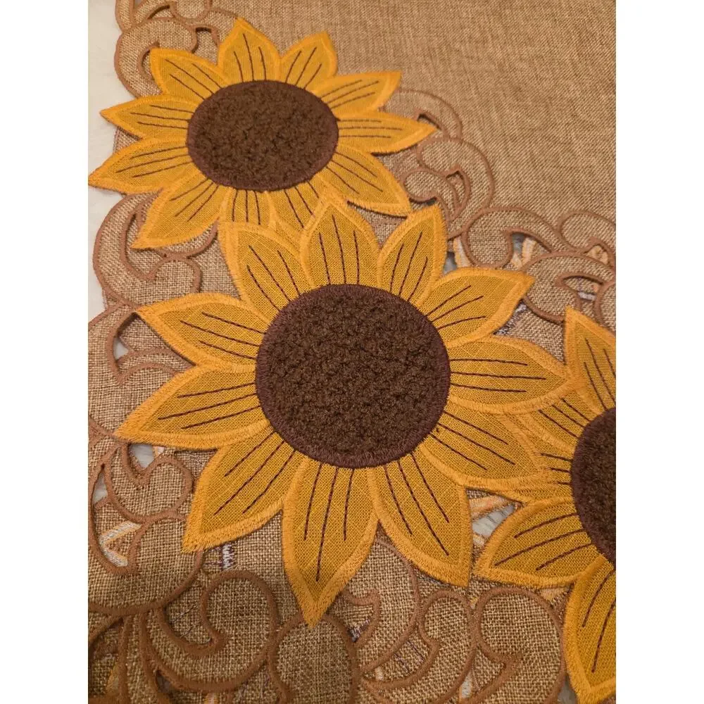 Sunflower Table Runner 14x72 Faux Burlap Embroidered Cutwork EB4422A Rare Sample